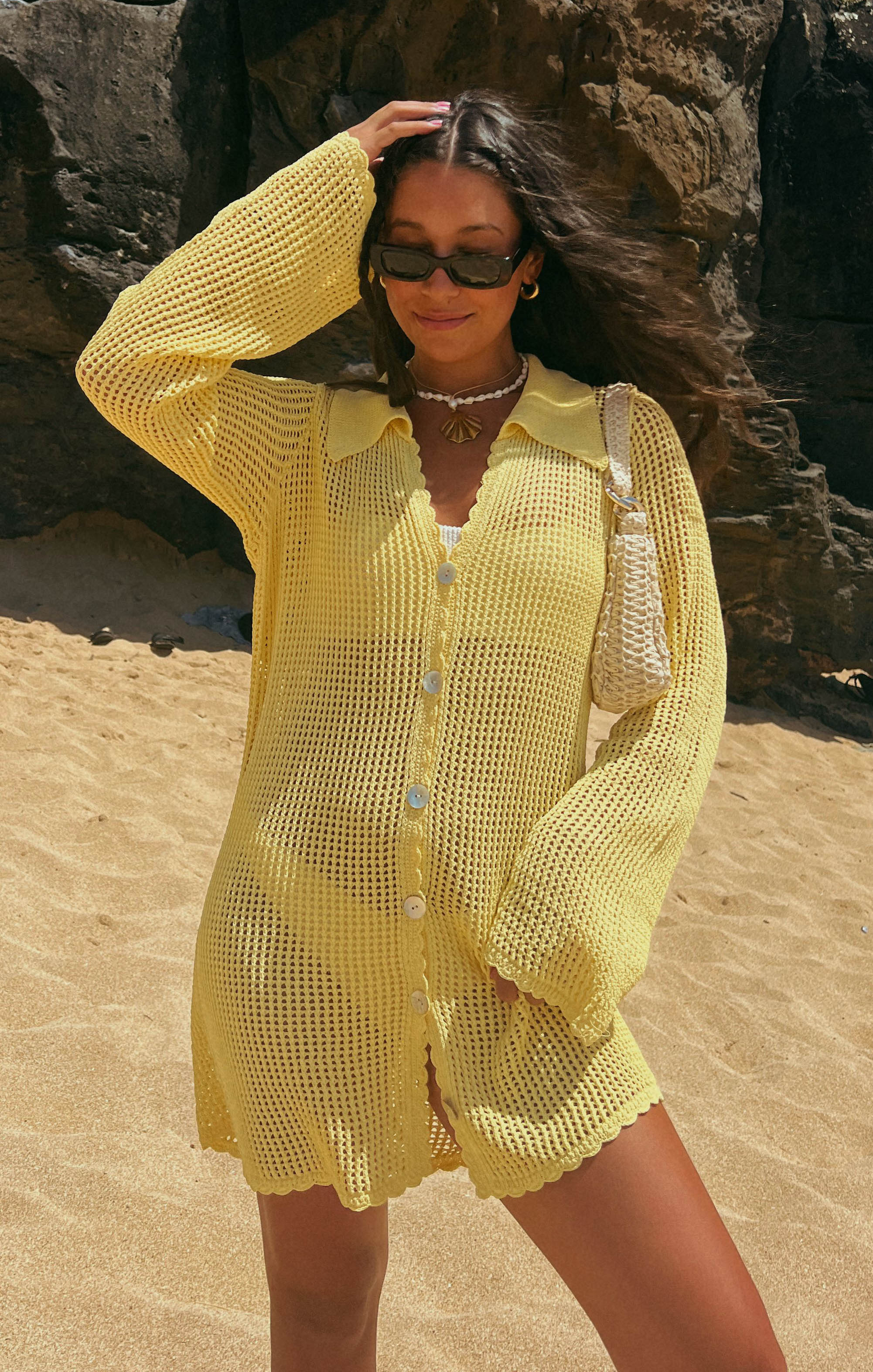 Button Up Coverup ~ Yellow Crochet