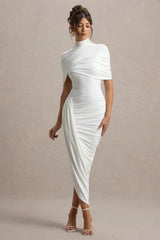 Enchant | White Asymmetric Twisted Cape Maxi Dress