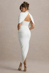 Enchant | White Asymmetric Twisted Cape Maxi Dress