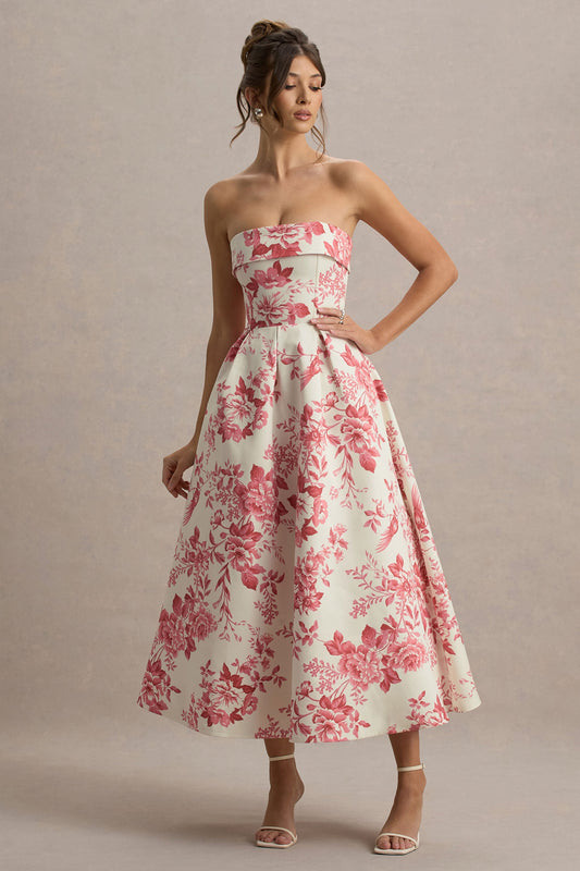 Annalise | Pink Porcelain Print Bandeau Skater Midi Dress