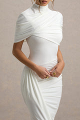 Enchant | White Asymmetric Twisted Cape Maxi Dress